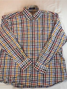 Alan Flusser Mens XL Dress Shirt Multi Color Plaid STAIN ON SLEEVE SEE PICS 521